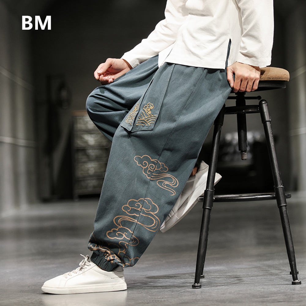 Men'S Fashion Linen Pants - Chinese Style Retro Auspicious Clouds Print