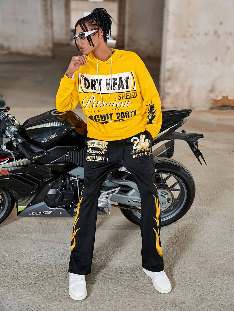 Streetwear Hoodie - Men Yellow Hoodie And Black Flame
