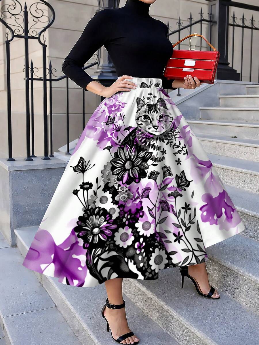 Men Fashion Elegant - Oversized Floral Cat Print Midi Skirt